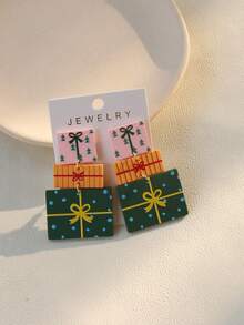 1 Pair Cute Gift Box & Cartoon Doodle Layered Acrylic Drop Earrings, Party Gift For Women - Green - View 4