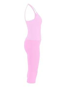 LovelyWholesale Bộ đồ nữ mùa hè màu hồng trơn gồm áo vest dệt kim cổ chữ V và quần lửng ôm sát, màu trơn, phối cùng quần dài. - Hồng - Xem 6
