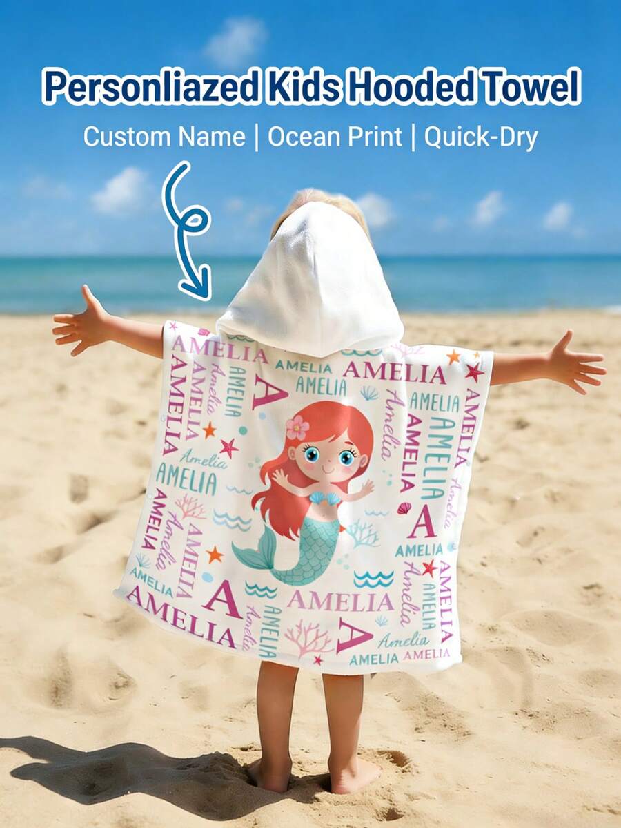 Personalized Kids Hooded Bath Towel, Custom Name Ocean Print Beach Towel Poncho, Quick Dry Soft Absorbent Swim Cover Up