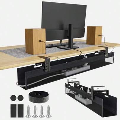 No Drill Under Desk Cable Management Tray Cable Management Under Desk 40.2" Fabric Cord Hider - Clamp/Screw Mount Cord Organizer For Office Home - Supports Up To 40lbs