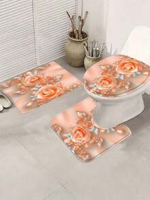 1/4 Pcs Bathroom Decor Set, Polyester, Peach Blossom Luster, Waterproof, Anti-Slip, Machine Washable, Includes 12 Hooks, Bath Mat, U-Shaped Toilet Mat, Toilet Lid Cover, Suitable For Bathroom - Multicolor - View 5