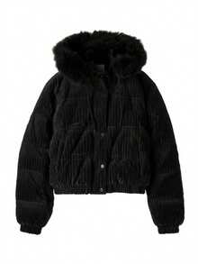Women's Winter Puffer Jacket, Velvet, Corduroy - màu đen - Xem 4