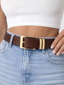 1 Piece Of Women's Black Belt With Organic-Shaped Buckle, Classic Style, Versatile Metal, Premium PU Leather With High Durability. - 深棕色 - 查看 7