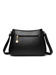 高端大容量柔软真皮女士饺子包，时尚多功能单肩斜挎包，中年妈妈包，手提包 - 黑色 - 查看 5