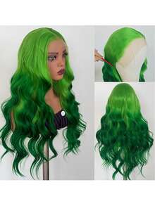13x4 Lace Front Wig - Green Ombre Lace, Pre-Plucked, Heat Resistant Fiber, Big Wavy Curls, Suitable For Daily Wear, Festivals And Cosplay - Multicolor - View 8