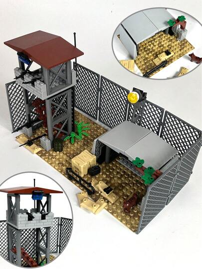 軍事基地モデルビルディングセット、男の子のおもちゃ、陸軍軍事キャンプ監視塔ビルディングブロックキット、ミニチュア銃、シミュレーションコンバットゲーム、印刷されたベースプレート、互換性のあるブランドSWAT兵士ミニフィギュアモデルアセンブリ、ギフト