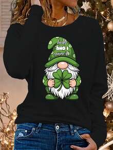 Soft Gray St. Patrick's Day Gnome Pattern T-Shirt |   Long-Sleeved Round-Neck Top, Casual Holiday T-Shirt, Women's Loose Fit, Lucky Clover Design,  St. Patrick's Day Outfit, Cool - 黑色 - 查看 7