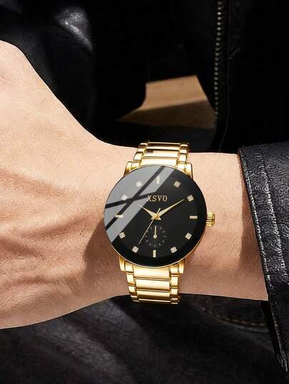 1pc XSVO Minimalist Black Dial Men's Watch, Diamond Markers Small Seconds Dial, Tri-Tone Steel Strap, Quartz Movement, Gift For Boyfriend, Father, Office Wear