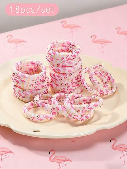 18pcs Cute Flamingo Print Hair Scrunchies Set, Soft & Skin-Friendly High Elasticity Non-Damaging Hair Ties, Suitable For Girls, Daily, Vacation, Photo Shooting, Party, Versatile Hair Accessories