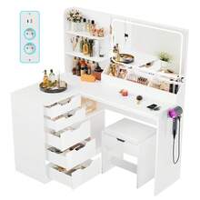 Devoko Corner Dressing Table L-Shape With Mirror, LED Lighting 3 Brightness Levels, Stool, 5 Drawers, Socket And Hairdryer Holder, White/Black - White - View 2