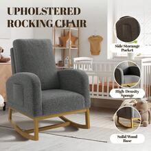 Silla basculante sobredimensionada - respaldo alto, pata de madera de goma, bolsillos laterales - Sillón reclinable para dormitorio, sala de estar - Gris Oscuro - Ver 5