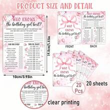 20pcs Pink Birthday Party Game Cards - Pink Bow Theme Pajama Party Supplies - Birthday Night Game Creative Ideas - Bow Question Card - View 7