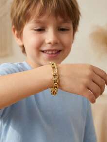 1 pieza Brazalete de cadena de acero inoxidable con platillo volante dorado de moda, accesorio de hip hop para chicos, joyería de calle, accesorio de decoración para fiestas - Dorado - Ver 1