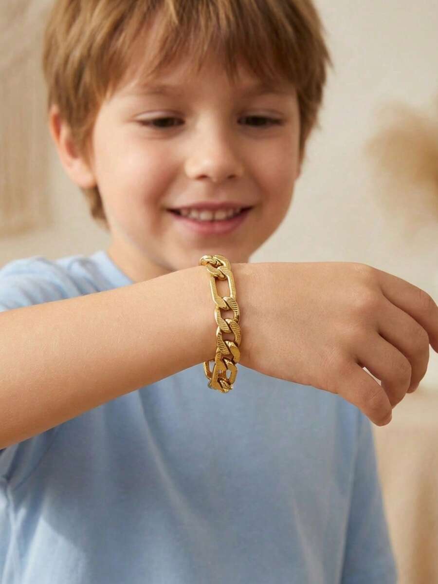 1 pieza Brazalete de cadena de acero inoxidable con platillo volante dorado de moda, accesorio de hip hop para chicos, joyería de calle, accesorio de decoración para fiestas - Dorado - Ver 1