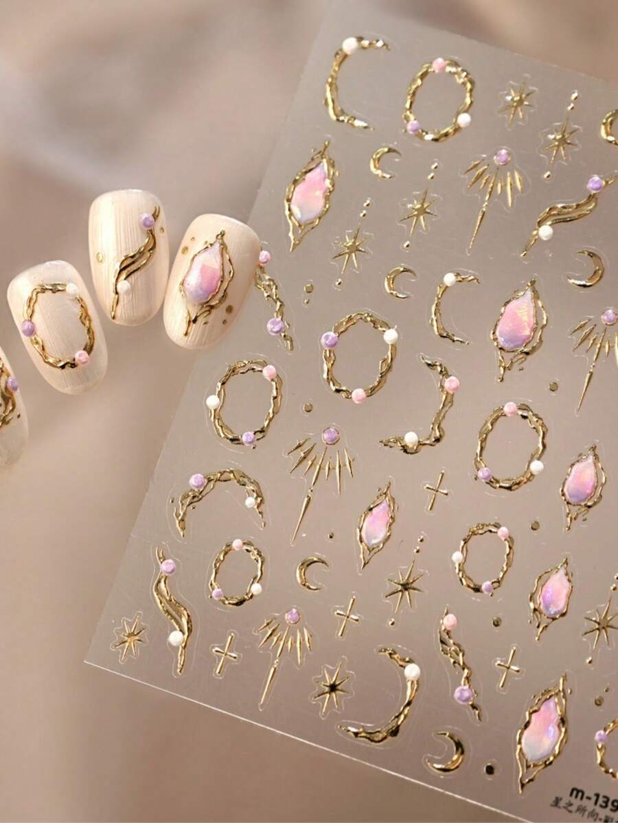 1 miếng dán móng tay 5D dễ thương và thời trang hình khung bất đối xứng, ngôi sao, mặt trăng, cầu vồng, đá quý, hoa. - Nhiều màu - Xem 1