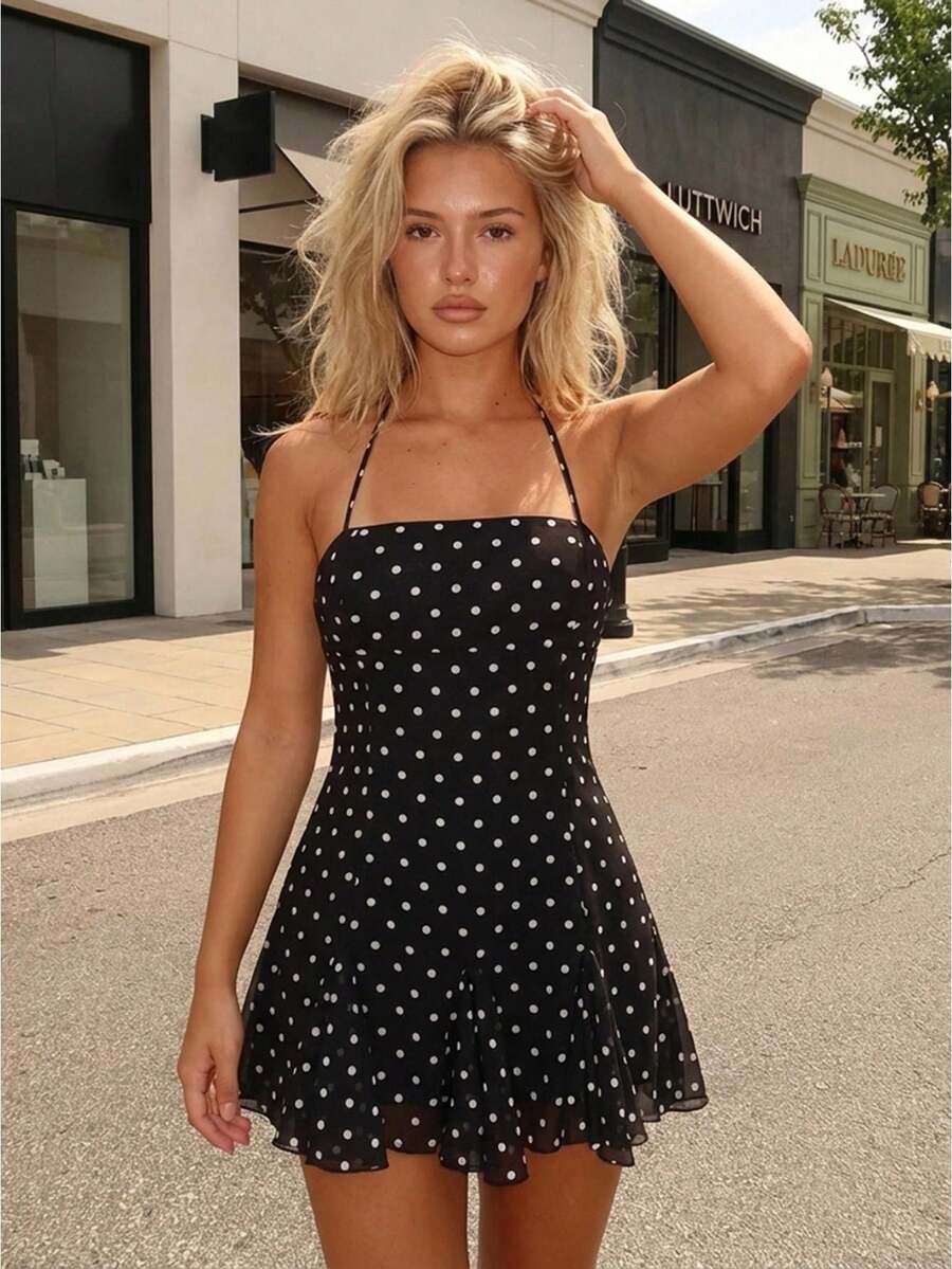 Women's Dots Print Mini Dress Sleeveless Spaghetti Strap A-Line Dress Summer Casual Dress - 深海黑 - 查看 1
