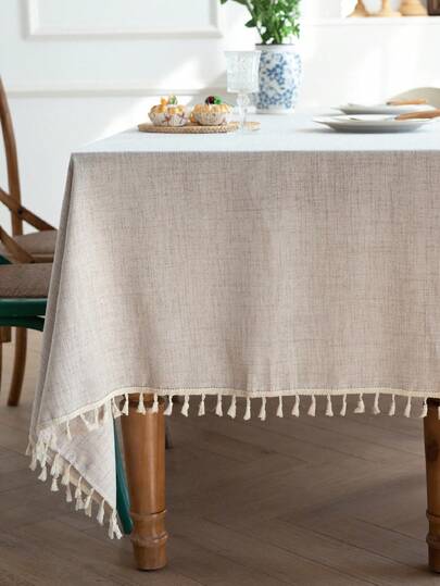1pc New Thickened White Linen Solid Color Tassel Edged Picnic Mat, Suitable For Picnic, Camping, Outdoor And Home Use