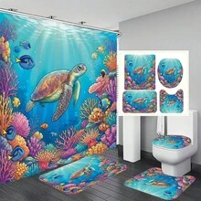 1件/4件套海底世界海龟鱼群珊瑚图案浴室装饰浴帘套装，附赠12个挂钩，营造优雅假日氛围，包含浴室地垫、U型马桶垫和圆形马桶垫，适用于各种浴室场景。 - F - 查看 1