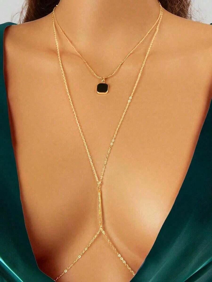 2pcs/Set Gold Bralette Bikini, Criss-Body Chain, Black Square Pendant Necklace, Beach Body Jewelry Set - 銀 - 查看 1