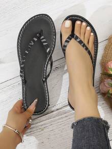 Sandalias planas tipo flip-flop versátiles, cómodas y de tela estilo universitario para mujer, populares para fiestas de verano - Negro - Ver 1