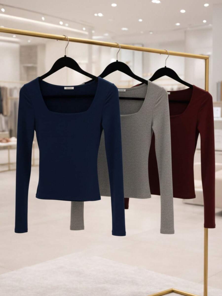 Women's Basic Long-Sleeve Blouse With Square Neckline, Shaping Effect, Soft Supplex Fabric, Lined With Elastane, Casual Fashion, Versatile And - 海軍藍-灰色-酒紅色 - 查看 1