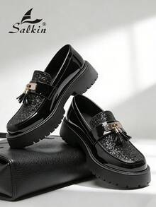 Salkin 新款时尚男士流苏乐福鞋，优雅绅士社交鞋，亮面漆皮，柔软舒适，适合休闲、商务、派对、婚礼、毕业典礼、送礼，春夏秋季皆宜。尺码偏小，建议选购大一码。 - 黑色 - 查看 3