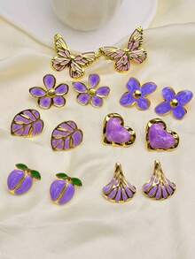 16pcs 8 Pairs Stainless Steel Light Purple Earrings Set, Including Heart, Leaf, Butterfly, Four-Leaf Clover And Flower Designs. French Romantic Style. Stainless Steel Women's Earrings, Loved By Women And Girls. Perfect As Wedding, Holiday And Party Gifts. Summer Beach Style. - Purple - View 10