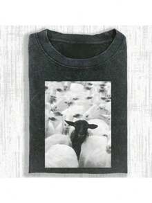 BOTANICBEAT 1pc Sheep Graphic Men's Cotton T - Shirt (White & Black Flock) For Casual Gatherings Mens Clothes  Summer Clothes - 黑色 - 查看 7