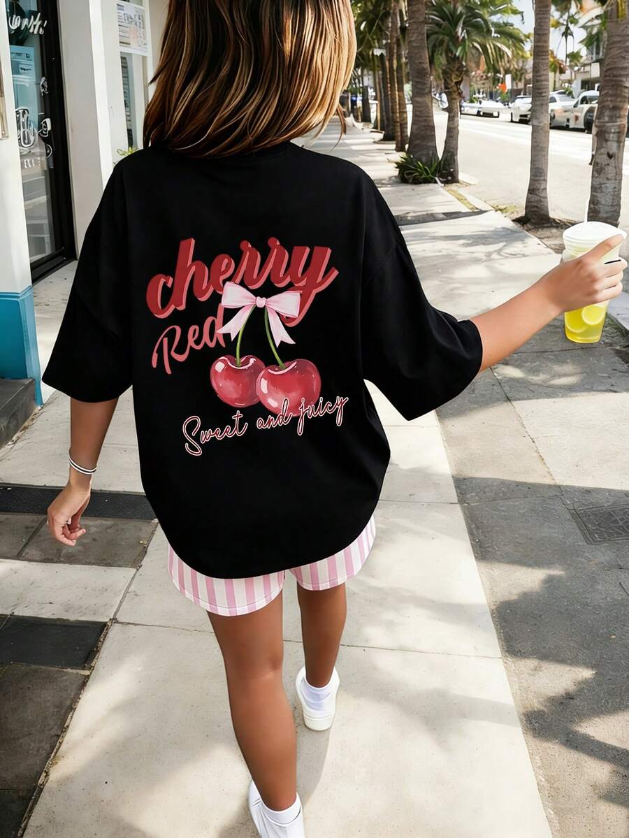 1pc Tween Girls Casual Artistic Print Round Neck Short Sleeve T-Shirt, Summer Student Youth Clothing - Inspiring Imagination And Self-Expression - Black - View 1