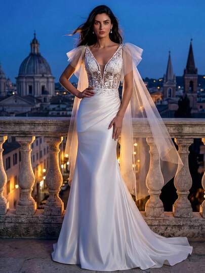HEARBOBO Satin Mermaid White Wedding Dress Bridal Gown
