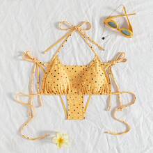 Sexy Backless Strap Swimwear, Leopard Print Spaghetti Strap Tie Bikini Set, Summer Beach Outfit Vacation - Bright Orange Base With Colorful Dots - View 4