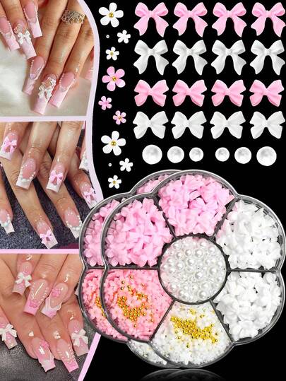 1 Box Of 7 New Charming Spring And Summer Mixed Pink And White Resin Bow Five Petal Flower Semi-Circular Pearl Nail Decoration Accessories Set, Including Tweezers, Diamond Pens, Resin Bow White Pearl Five Petal Flower Nail Decoration Plum Blossom Box, Japanese And Korean Flower Fairy 3D Simple And Versatile Ladylike Cute Style Nail Decoration, Fragrance Free Handmade DIY Nail Art, Beauty, Dental Drill, Phone Case Design Consumables, Nail Gems, Nail Supplies, Jewelry And Decorations.