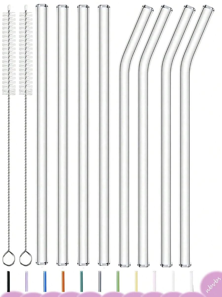 8 Stück wiederverwendbare Glasstrohhalme mit 2 Stück Strohhalm-Reinigern, klare gebogene und gerade Strohhalme, hitzebeständige Strohhalme für Smoothies, Boba, Cocktails, Eiskaffe, Strohhalme für Partyartikel, Gastronomie-Trinkgeschirr