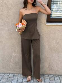 PoPoHouse Women's Two Pieces Set Sexy Backless Strapless Tube Top And Loose Wide-Leg Pants For Summer Business Office Commuting Casual Vacation Going Out Outfit Brown Suit - Khaki - View 5