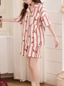 2pcs Women Pajama Set, Short Sleeve Cardigan And Shorts, Skin-Friendly Sleepwear For Summer - Pink - View 3