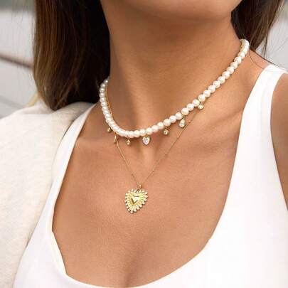 S SHOPBOHO 1pc Faux Pearl Necklace Wedding Gift Multi Cz Diamond Charms Pearl Choker 18K Gold Stainless Steel Classic Marquise Heart Teardrop Zirconia Charm Jewelry