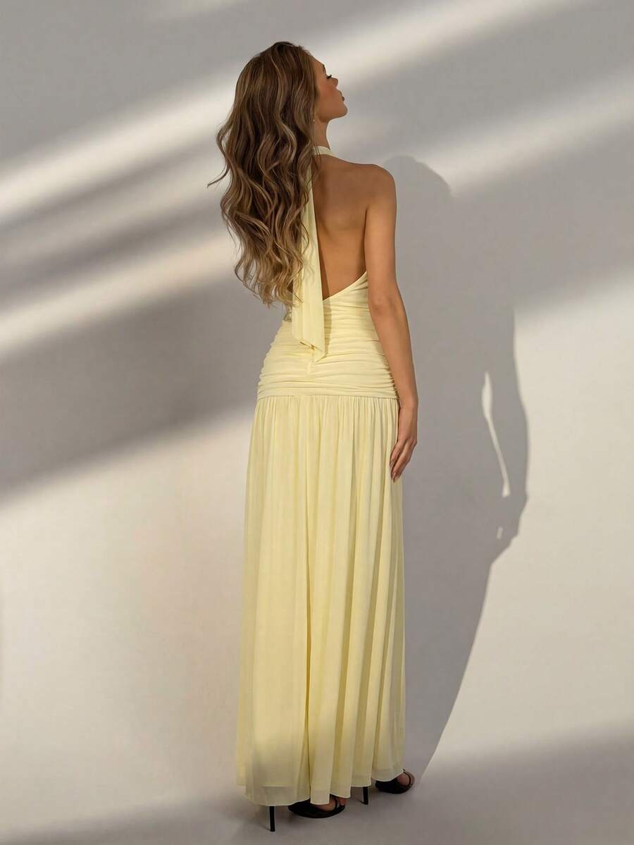 Elegant Yellow Ruched Waist Backless Dress, Suitable For Weddings, Parties, Beach Vacations, Outings, Summer Events, Graduations Party - Yellow - View 1