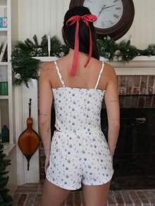 Cccoqdj Womens Heart/Tree/Cherry Print Ribbed PJ Set Crop Cami Tops And Shorts Cute Pajamas Set Summer Sleepwear - 綠色 - 查看 5
