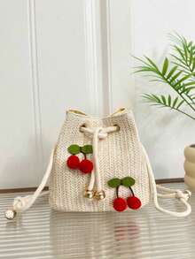 Strawberry Fashion New Shoulder Crossbody Bag Handbag Commuter Bag Drawstring Bucket Bag Minimalist Cherry Shoulder Bag, Summer, Straw Bag - Beige - View 4