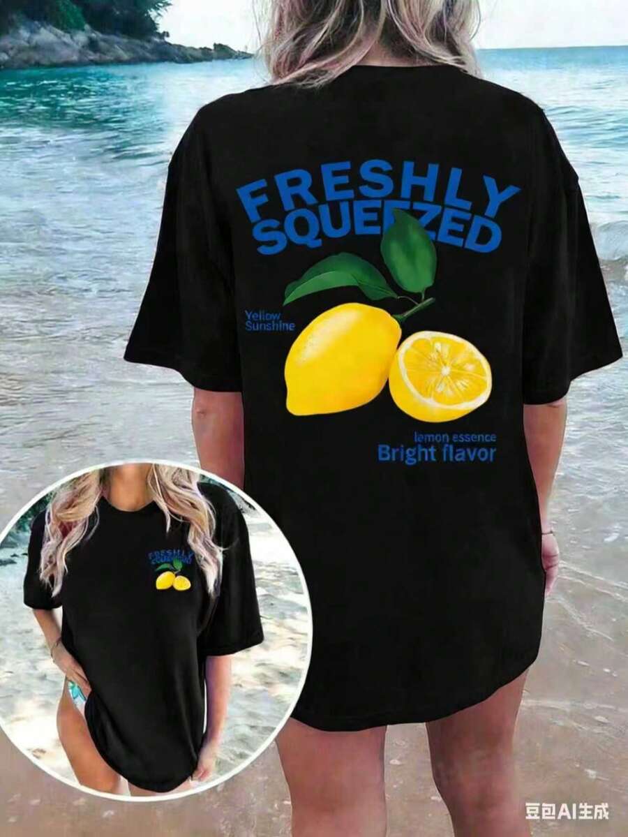 FRESHLY SQUEEZED Casual Lemon Vacation Atmosphere Graphic Oversized Round Neck Short Sleeve-Shirt WomenUnisex Casual-Shirts - 黑色 - 查看 1