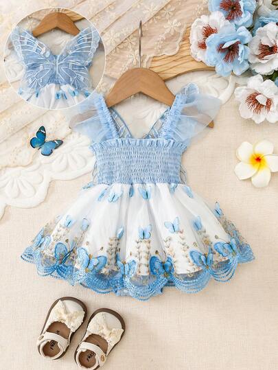 Baby Girls' Ethereal Princess Style Blue Ruffled Square Collar Cap Sleeve Mesh Strap Butterfly Embroidery Romper Dress, Baby Girl Formal Outfit