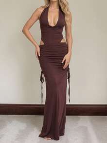 优雅无袖露背修身派对连衣裙，女款，涤纶材质，系带设计，开衩，褶皱细节 - 鏽棕色 - 查看 8