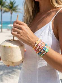 6件套夏威夷风情芙蓉花手链，波西米亚海滩风多巴胺手链，可调节星形仿珍珠手链配花朵吊坠，适合作为礼物、女士日常穿搭、手工制作的波西米亚海滩饰品、派对礼品、生日礼物、母亲节礼物、毕业礼物、婚礼回礼、单身派对配饰 - 多色 - 查看 9