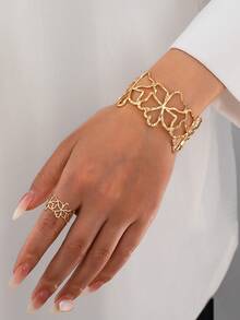 2 piezas Conjunto de joyería retro francés con flores huecas | Accesorios de moda para mujer - Dorado - Ver 8