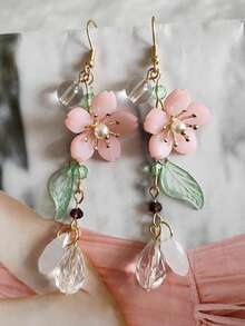 一对浪漫温柔的超仙气粉色花朵水滴吊坠长流苏耳环，适合女性玩耍、放松和度假时佩戴。 - 彩色 - 查看 1