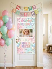 Personalized Birthday Door Sign With Photo, Rainbow Balloon And Star Theme Welcome Banner, Custom Name And Date Birthday Decoration, Back To School - Multicolor - View 2