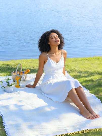 Waterproof Soft Flannel Plaid Picnic Mat, Outdoor Camping Blanket, White And Yellow Patchwork Pattern, Portable Non-Woven Camping Ground Mat, INS Style Pattern Camping Blanket, Travel Beach Park Lawn Supplies, Portable Lightweight Foldable Durable Multipurpose Mat Cushion Carpet, Suitable For Holiday, Summer, Spring Picnic, Hiking, Adventure, Beach, Outdoor Party, Camping, Festival Gifts