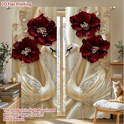2PCS Elegant Swan Flower Decorative Curtains With Pole Bag Design, Protecting Privacy - Room Decoration, Suitable For Living Rooms, Bathrooms, Offices, Artistic Decoration Style Spaces - Home Decoration, 2D Plan