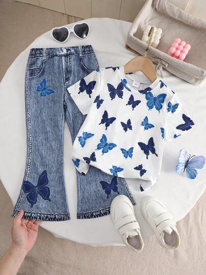 Toddler Girls' Summer Short Sleeve Top And Flare Pants Set, Sweet & Stylish Butterfly Print Colorblock Round Neck Shirt Paired With Matching Element Non-Denim Pants, Fashionable & Versatile Daily Wear