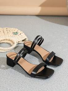 Women's Black High Heel Sandals, Elegant Summer Faux Suede Open Toe Chunky Heel Ankle Strap Sandals - Black - View 2